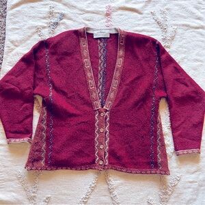 Iva Knight quality hand framed knitwear Burgundy button front Cardigan Sweater M